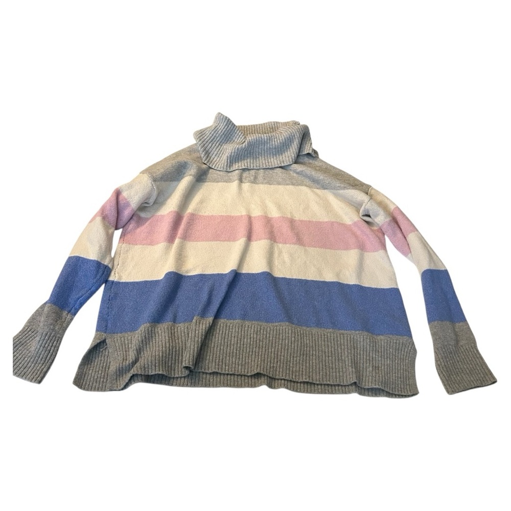 Rachel Zoe striped gray white blue pink turtleneck oversized pullover sweater